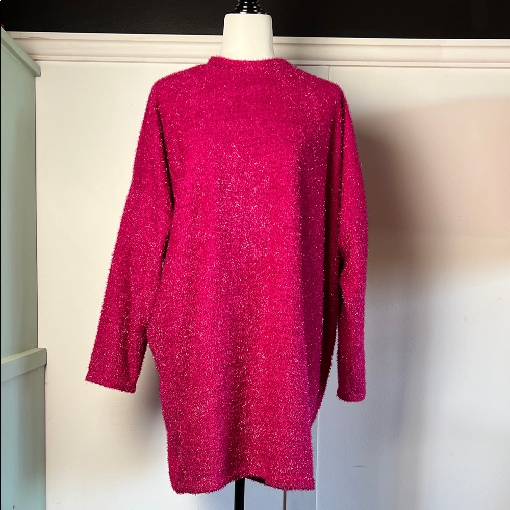 Sparkly Pink Sweater Mini Dress with keyhole back and dolman sleeves